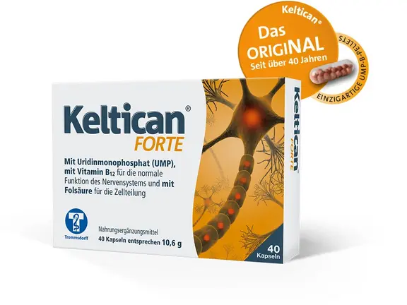 Packung Keltican Forte, ein Nahrungsergänzungsmittel mit UMP, Vitamin B12 und Folsäure. Die Packung zeigt ein Nervenbild. Das goldene Siegel zeugt vom Original und ist seit über 40 Jahren erhältlich. Enthält 40 Kapseln.