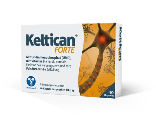 Verpackung von Keltican Forte, einem Nahrungsergänzungsmittel mit Uridinmonophosphat (UMP), Vitamin B12 und Folsäure. Die Schachtel zeigt ein Neuronenbild und enthält 40 Kapseln.
