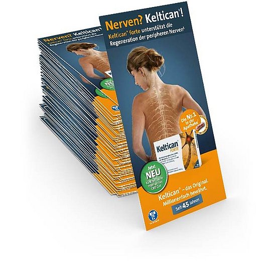 Ein Stapel Broschüren mit dem Bild einer Frau mit sichtbarer Wirbelsäulenauflage. Der Text lautet „Nerven? Keltican!“ und wirbt für Keltican Forte, ein Nahrungsergänzungsmittel zur peripheren Nervenregeneration, mit einem kleinen Bild der Produktverpackung.